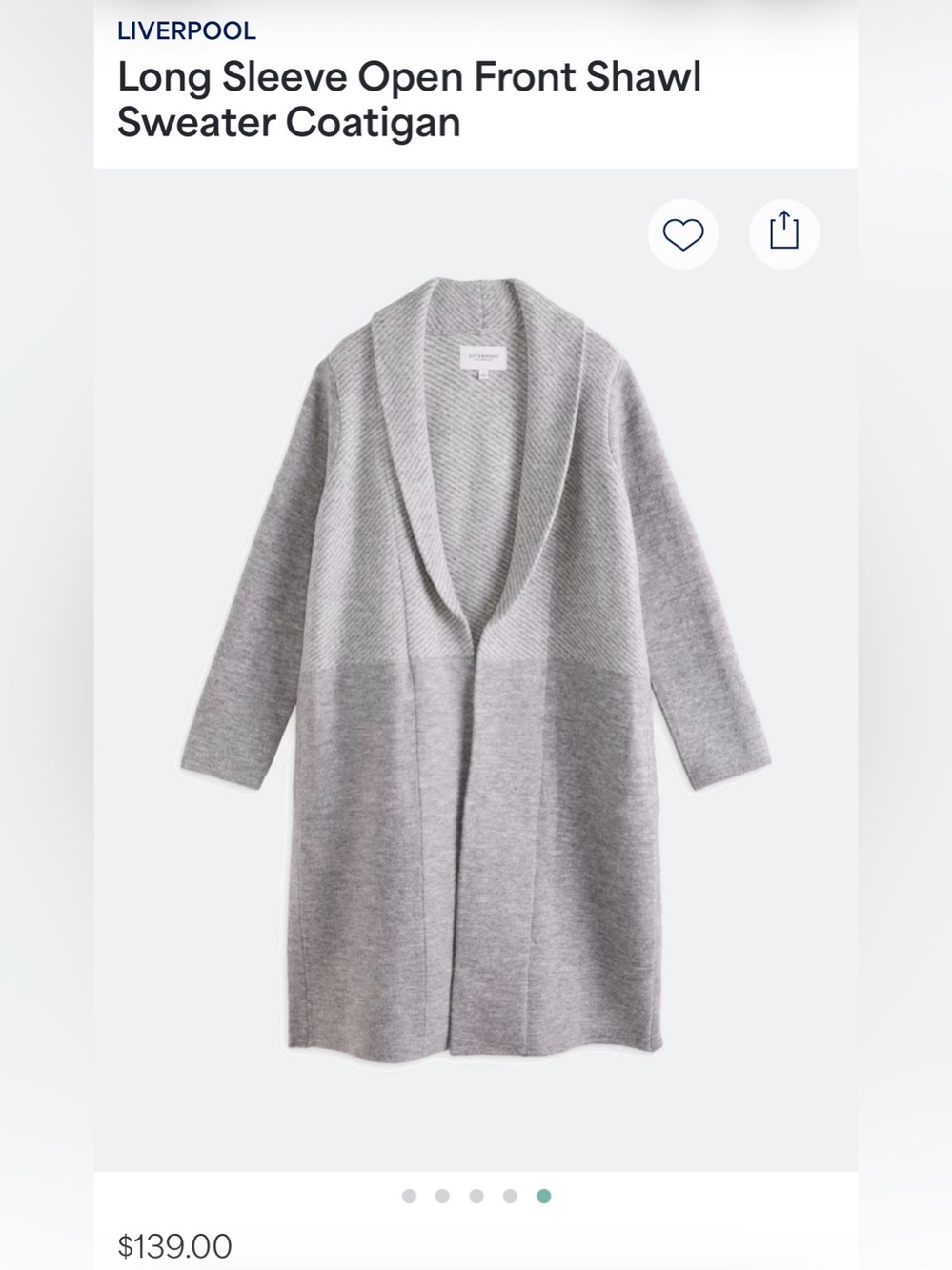 Liverpool Light Gray Open-Front Shawl Collar Cardigan